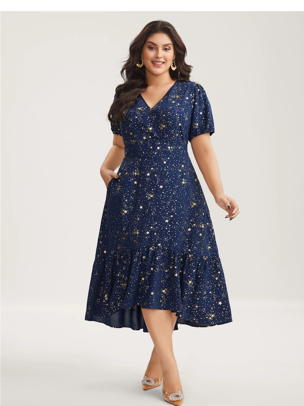 NWT BloomChic Ruffled Hem Navy Dress with Metallic Stars, 28